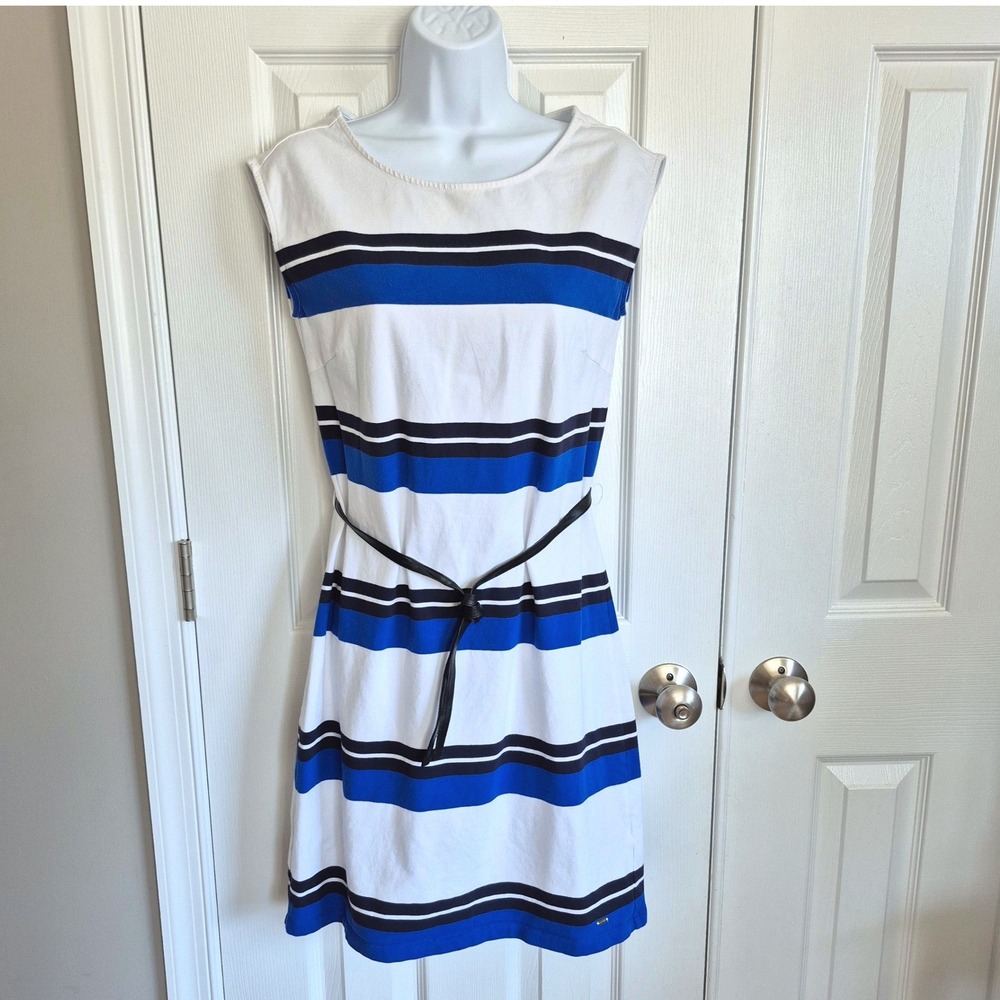Tommy Hilfiger white blue black stripe‎ dress with faux leather belt womens XS